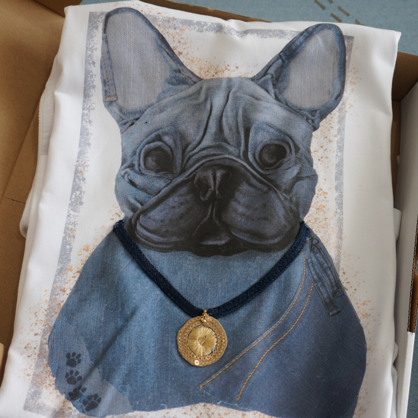 "French Bulldog" - Art T-Shirt with Denim Accents