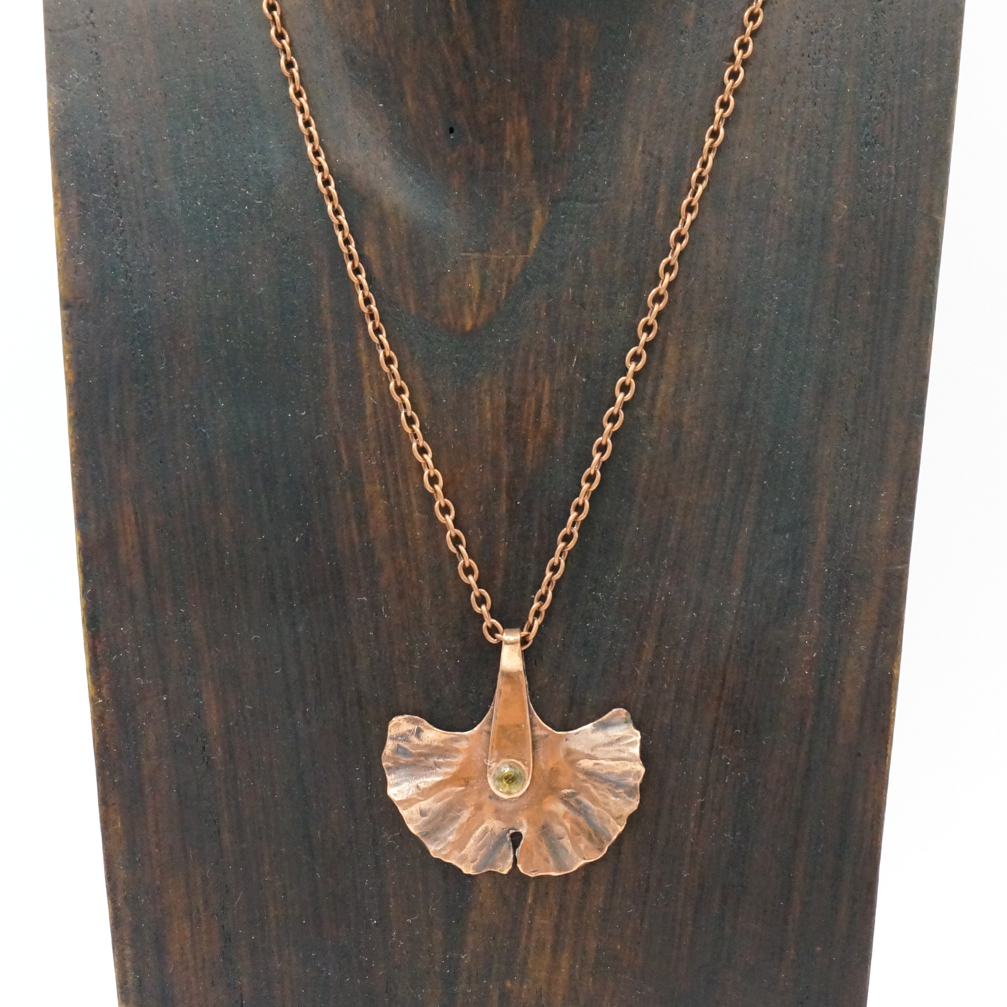 Gingko Leaf - copper necklace with precious peridot stone.