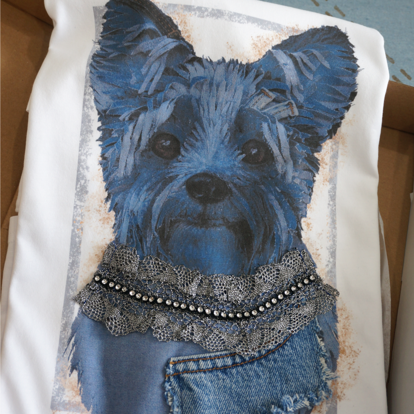 "Yorkshire Terrier" - Art T-Shirt with Denim Accents