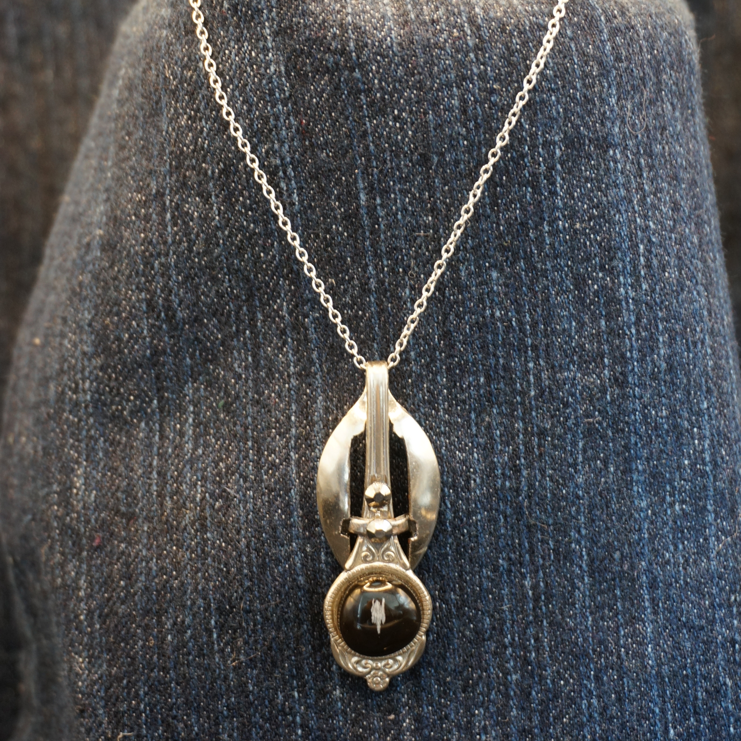 The Black Circle - Necklace from small spoon, black crystals and gem stone