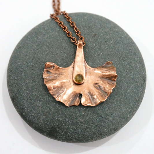 Gingko Leaf - copper necklace with  precious peridot stone.