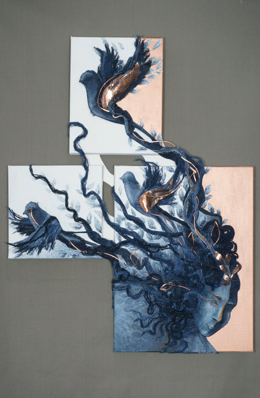 Beautiful Mind - 3D painting ,denim, copper and acrylic